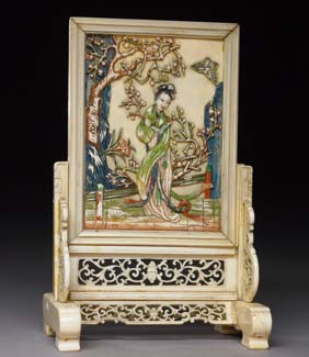 Appraisal: ANTIQUE IVORY SCREEN Antique Chinese miniature polychromed ivory screen relief