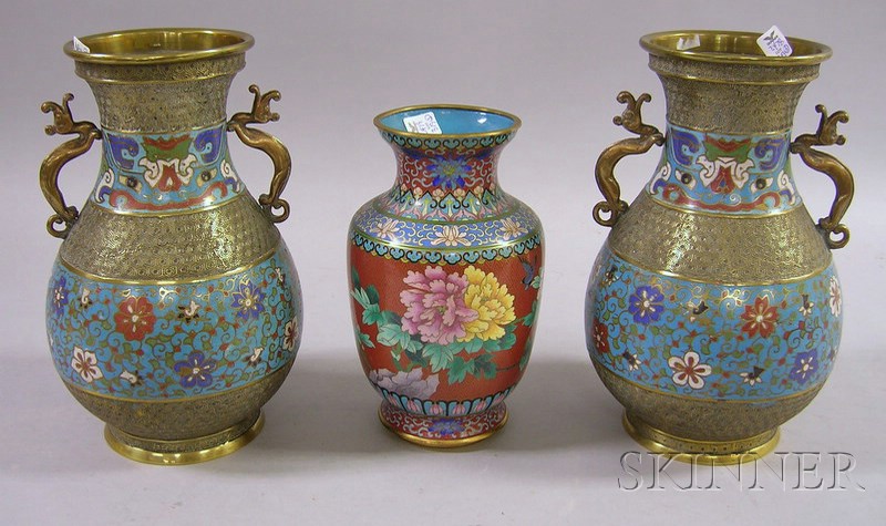 Appraisal: Three Cloisonne Vases a handled pair and a single bottle