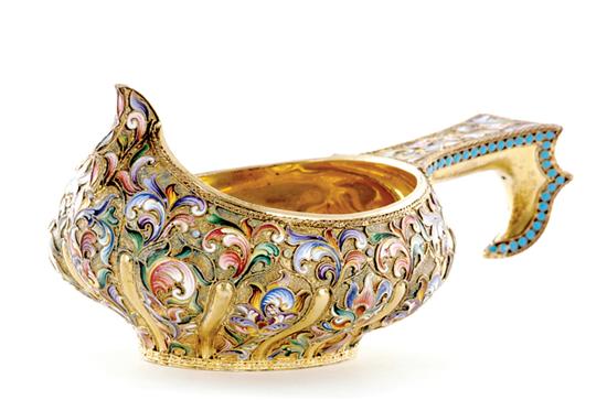 Appraisal: Russian silver-gilt and enamel kovsh attributed to Maria Semenova Moscow