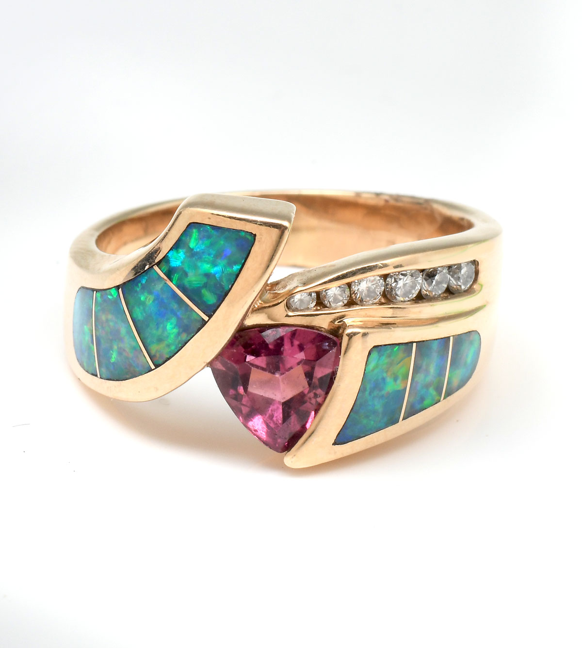 Appraisal: K TOURMALINE DIAMOND OPAL RING K yellow gold ring contains