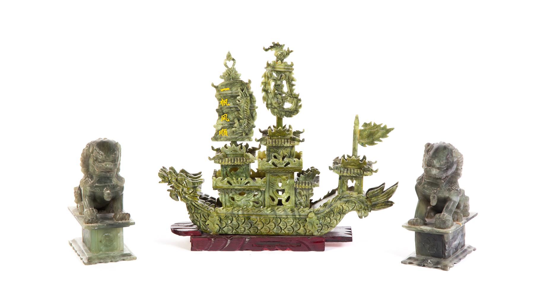 Appraisal: CHINESE SHIP AND PAIR OF FOO DOGS Second half- th