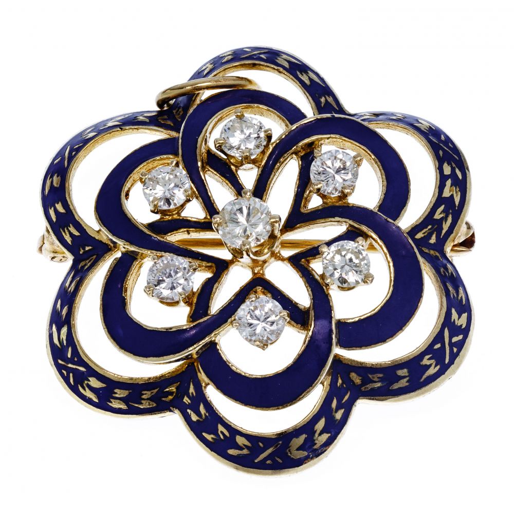 Appraisal: K YELLOW GOLD ENAMEL AND DIAMOND BROOCHBlue enamel floriform brooch