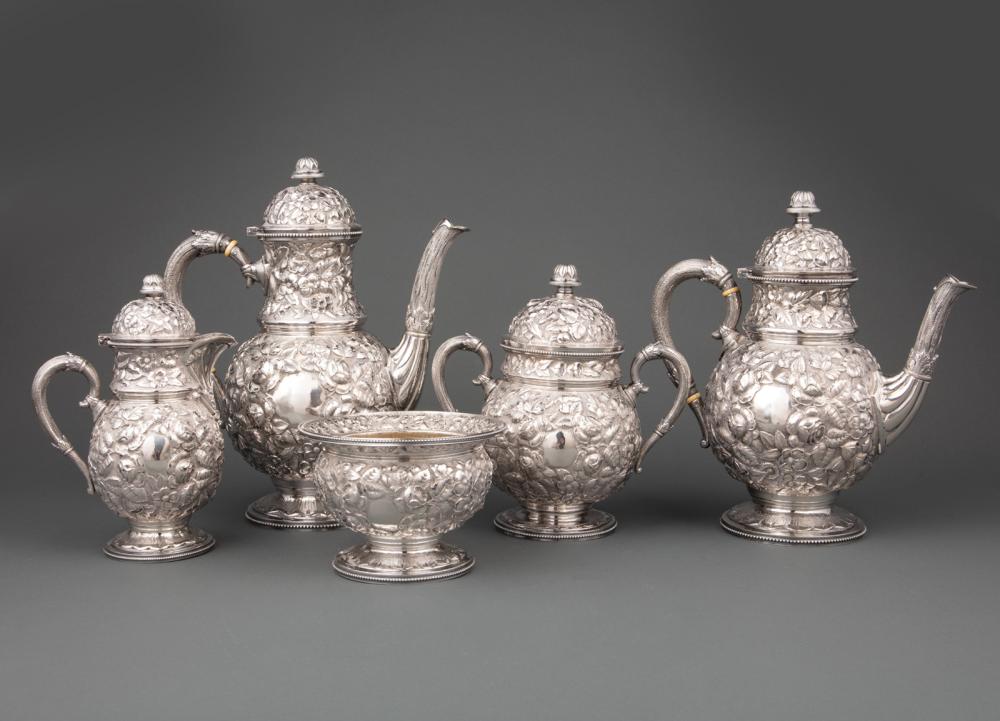 Appraisal: New York Sterling Silver Repousse Coffee and Tea Service Wood