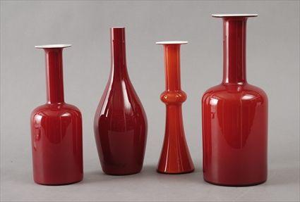 Appraisal: Four Modern Peachblow-Type Glass Vases in Oriental Shapes to in