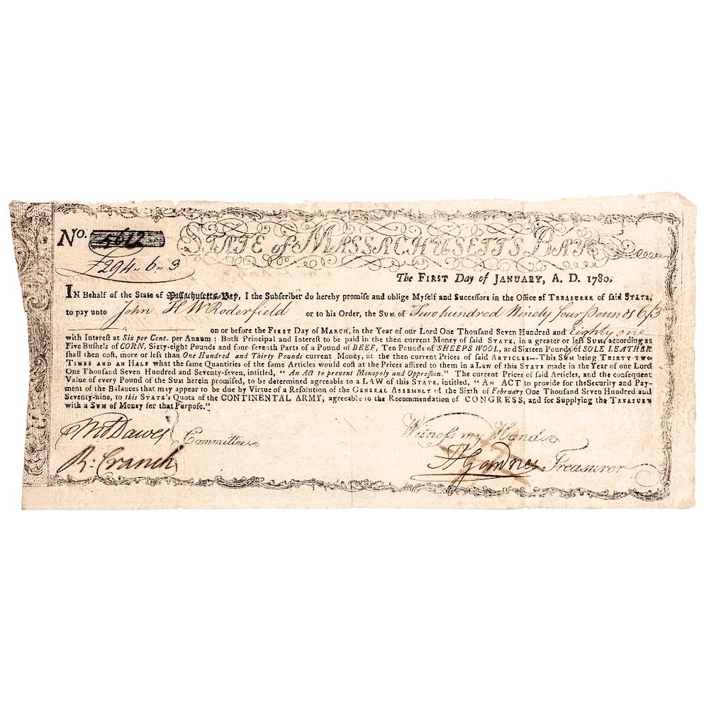 Appraisal: Historic Revolutionary War Massachusetts Bay Commodity Based Interest Bond American