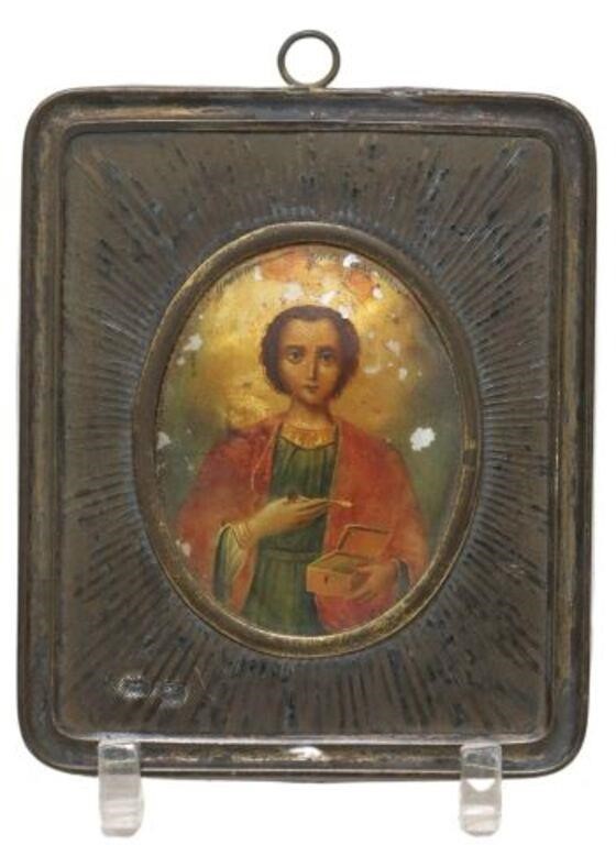 Appraisal: Russian silver miniature icon painting on mother of pearl depicting