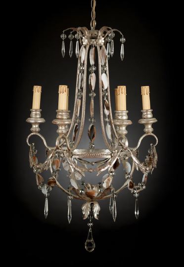 Appraisal: Italian Art Deco Silvered Wrought-Iron and Turned Wood Six-Light Chandelier