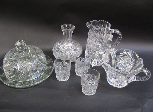 Appraisal: SEVEN PIECES OF CLEAR CUT GLASS covered cake dish D