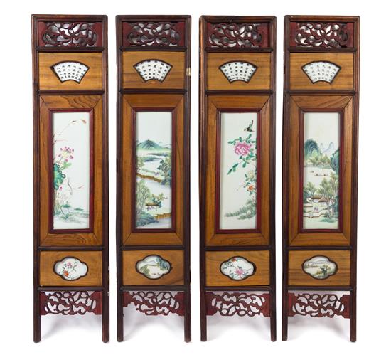 Appraisal: Sale Lot A Chinese Four-Panel Famille Rose Porcelain Mounted Hardwood