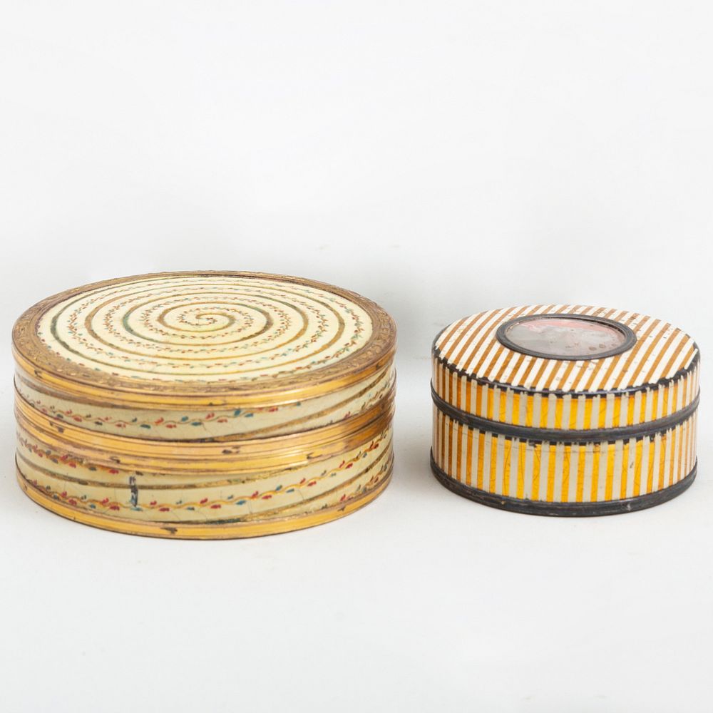 Appraisal: Two Gilt-Metal and Enamel Snuff Boxes Each with faux tortoise