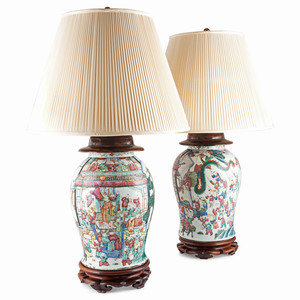 Appraisal: Two Chinese Enameled Porcelain Jars Mounted as Lamps Height of