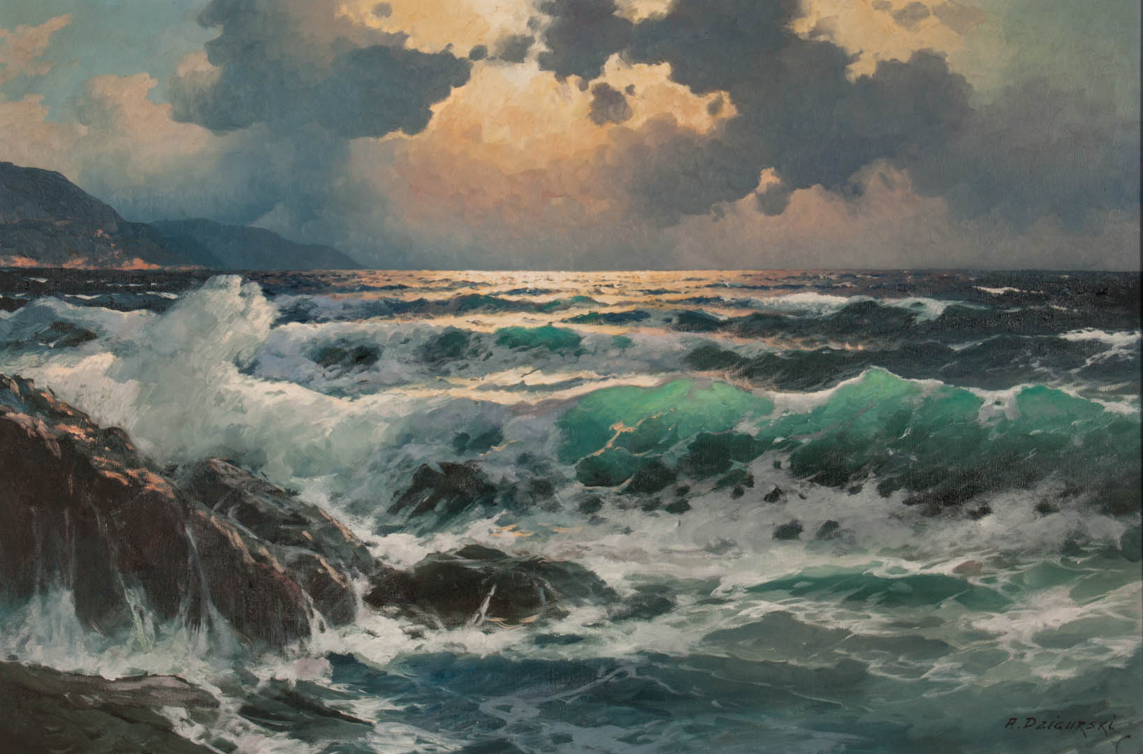 Appraisal: Alexander Dzigurski Coastal Waves oil on canvas American Yugoslavian -