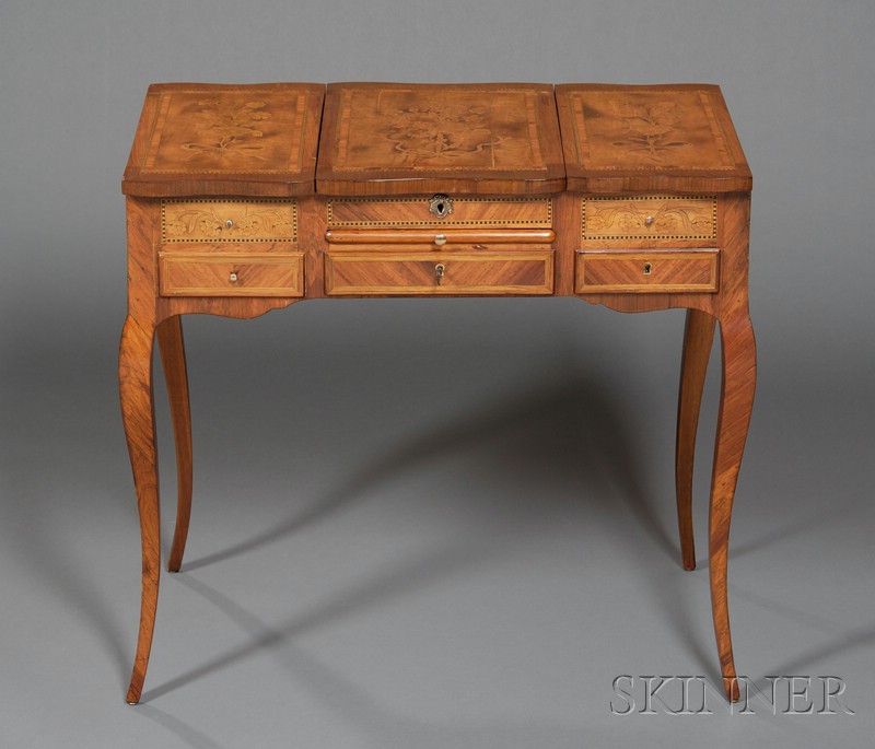 Appraisal: Louis XV XVI Fruitwood Marquetry-inlaid Tulipwood Poudreuse early th century