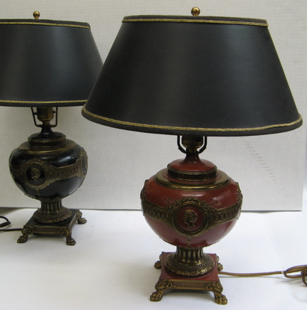 Appraisal: PAIR FRENCH TABLE LAMPS The bulbous metal bases having raised