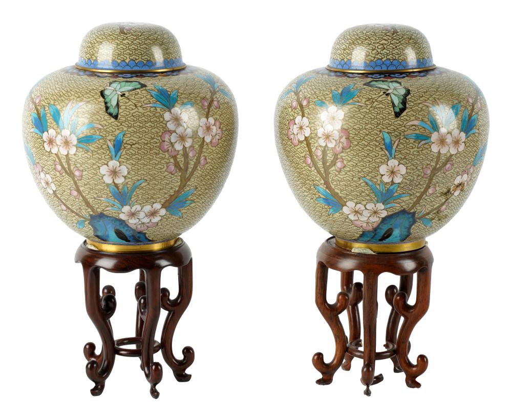 Appraisal: PAIR OF CLOISONNE COVERED VASES WITH STANDSunsigned Dimensions the jars