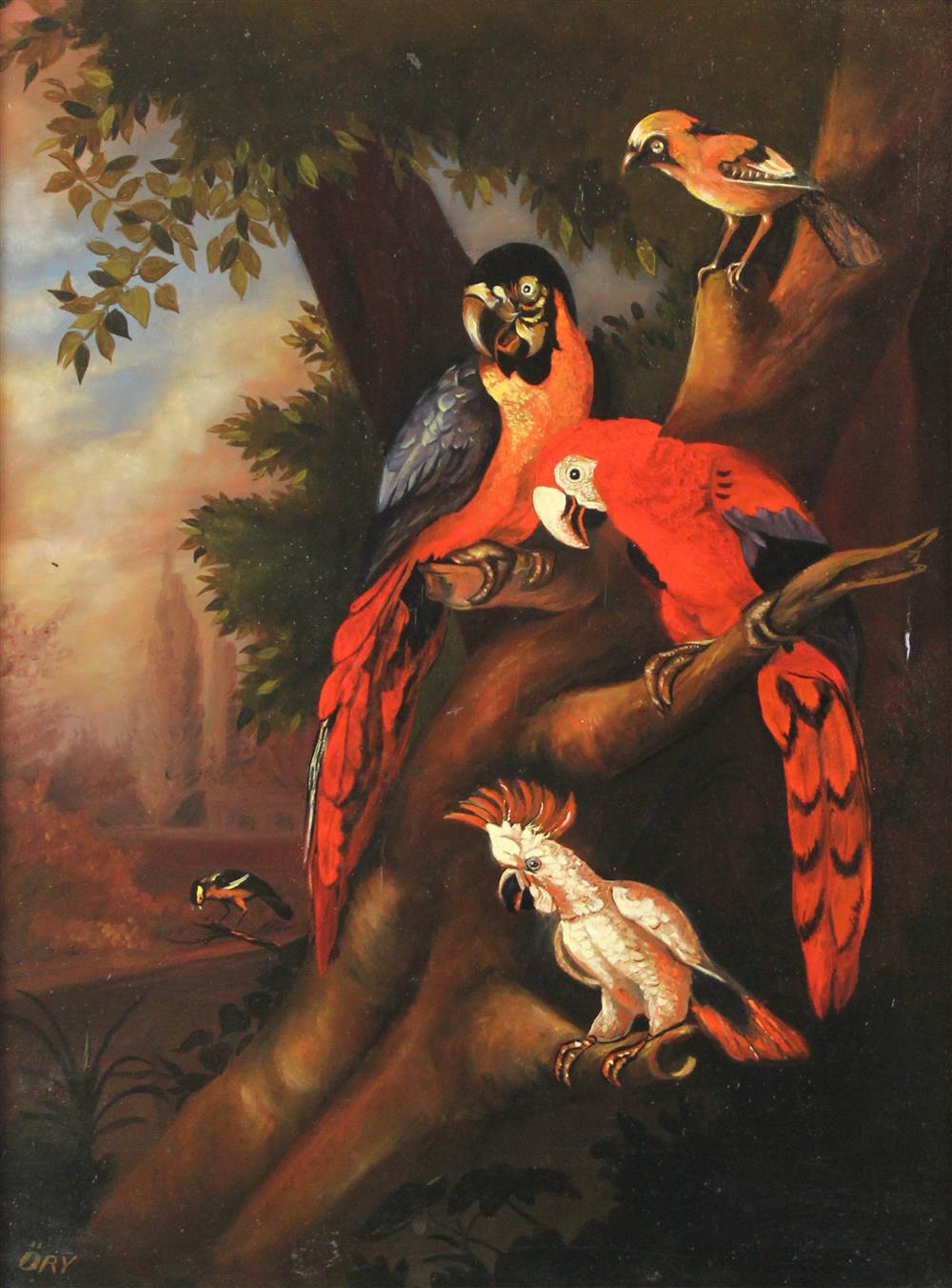 Appraisal: ORY TH TH CENTURY PARROTS AND COCKATIEL Oil on board