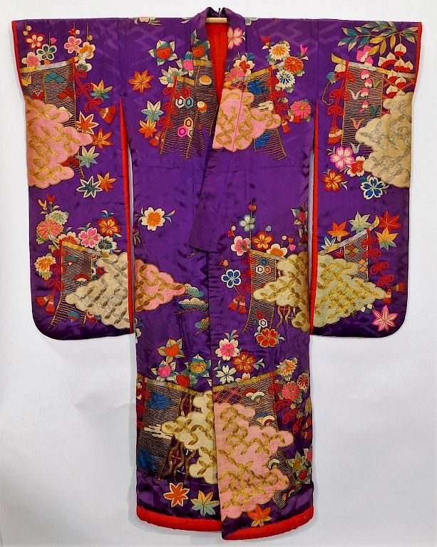 Appraisal: Japanese Edo Period Purple and Gold Floral Kimono Japan Circa