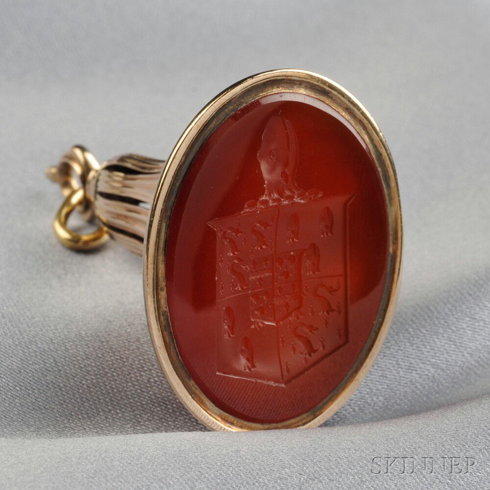 Appraisal: Antique Gold and Carnelian Seal Fob the large seal depicting