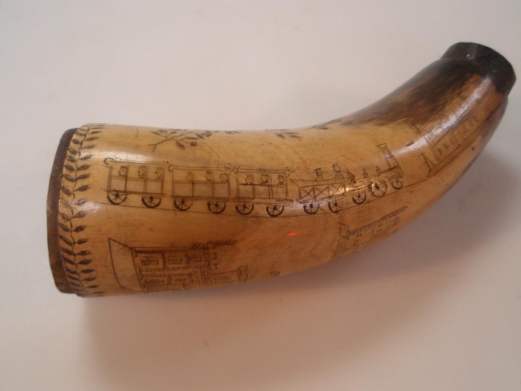 Appraisal: A thC Scrimshaw horn flask decorated with country residences Stevenson's