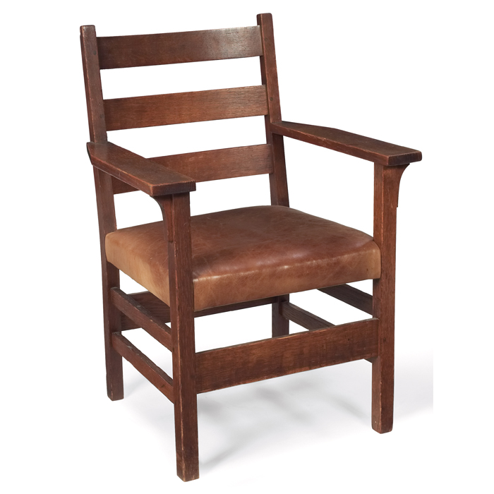 Appraisal: Gustav Stickley armchair A three horizontal slats at back over