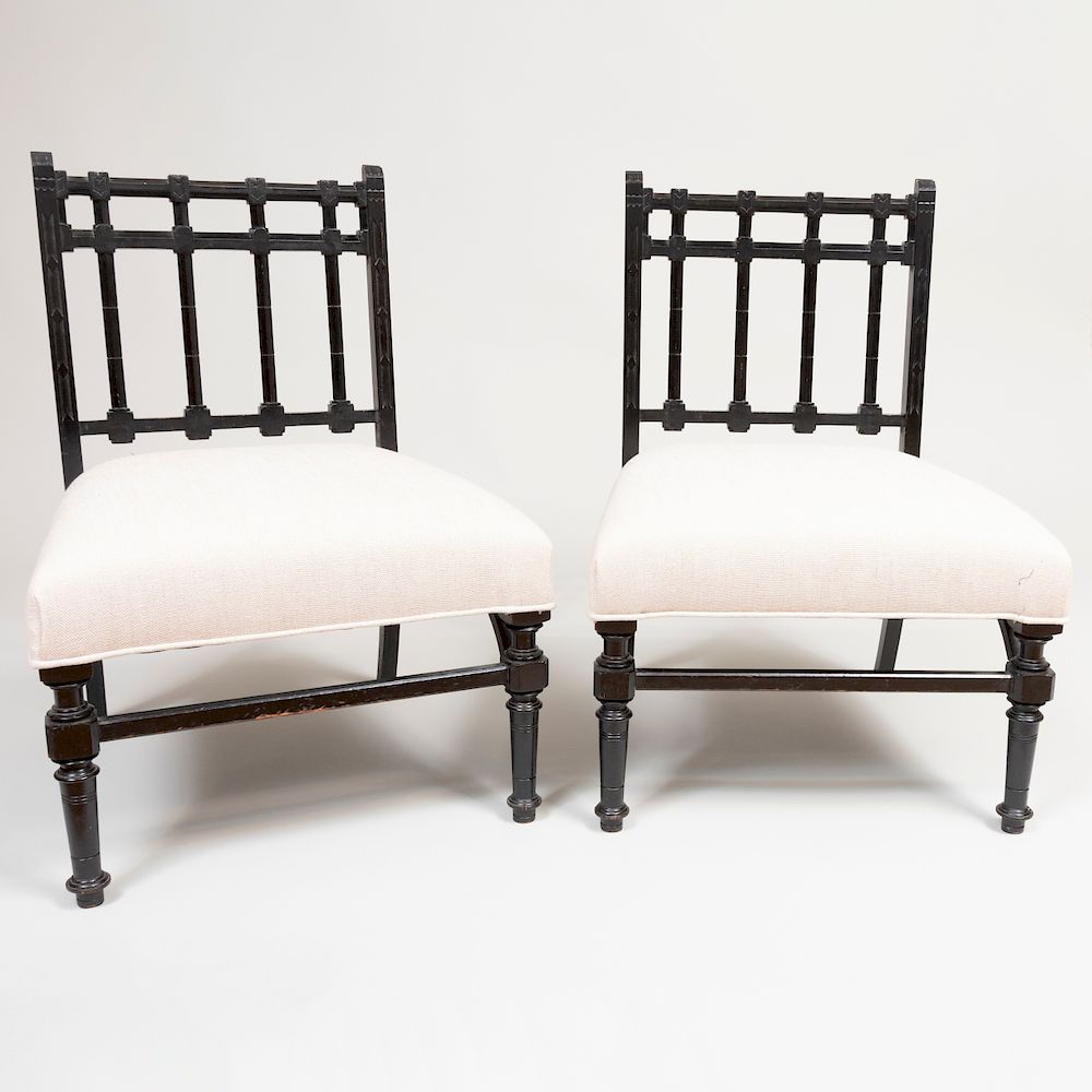 Appraisal: Pair of Aesthetic Movement Ebonized Wood Slipper Chairs Upholstered in