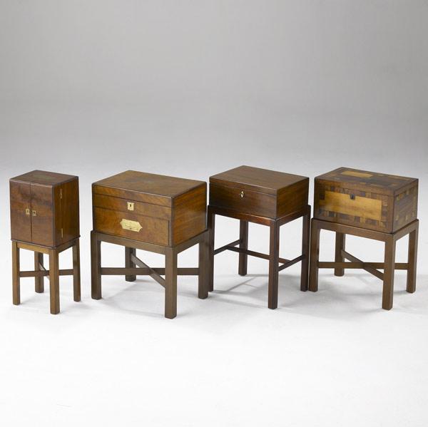 Appraisal: ENGLISH BOXES ON STANDS Four include sewing box homeopathic cabinet