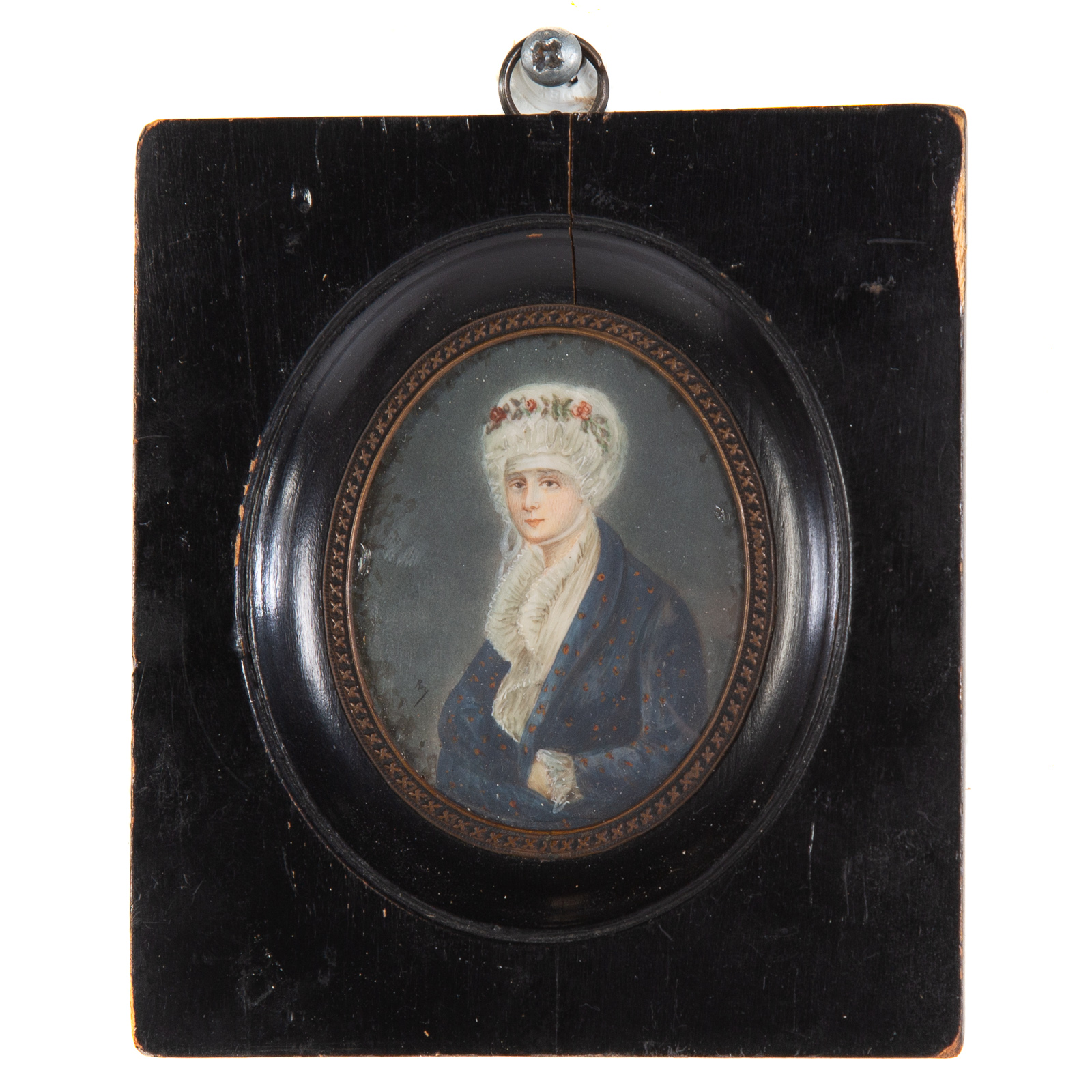 Appraisal: AMERICAN SCHOOL TH CENTURY PORTRAIT MINIATURE Seated woman in bonnet