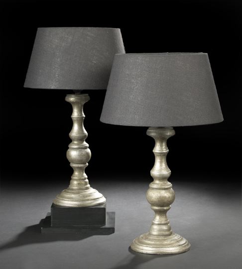 Appraisal: Pair of Italian Turned and Silver-Finished Wooden Pricket Candlesticks now