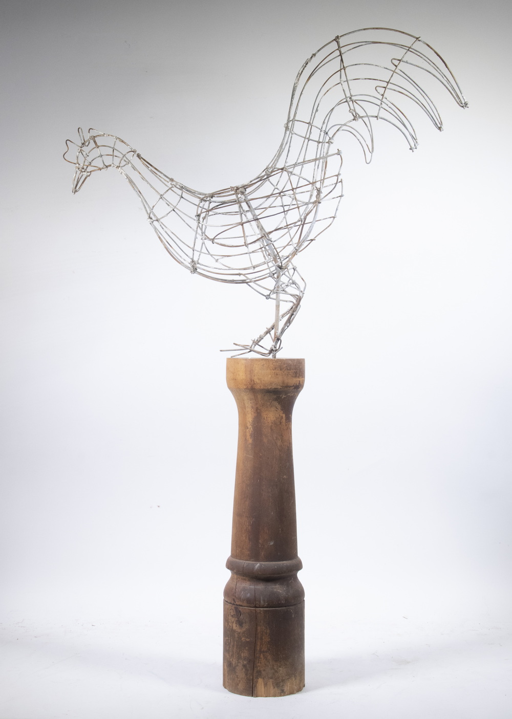 Appraisal: FOLK ART CHICKEN SCULPTURE Standing Rooster Wire Sculpture with white