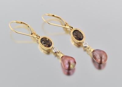 Appraisal: A Pair Smoky Quartz Diamond and Pearl Earrings k yellow