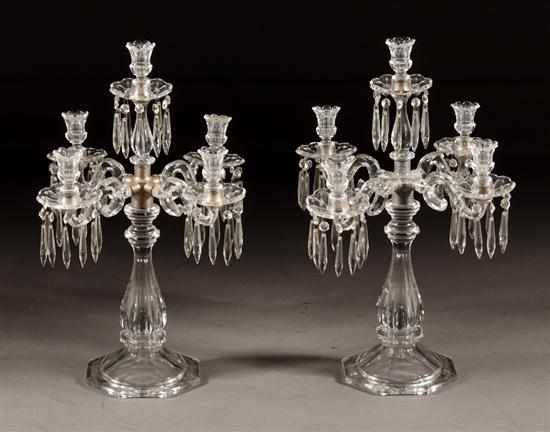 Appraisal: Pair of French probably Baccarat crystal five-light candelabra fourth quarter-