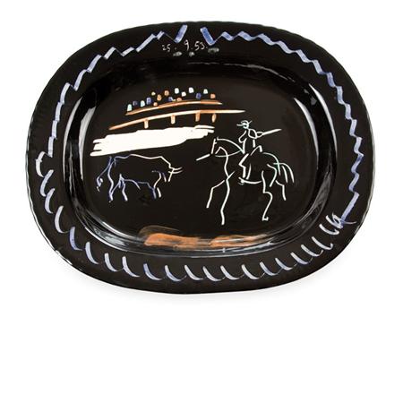 Appraisal: Pablo Picasso CORRIDA ON BLACK GROUND Painted and glazed white