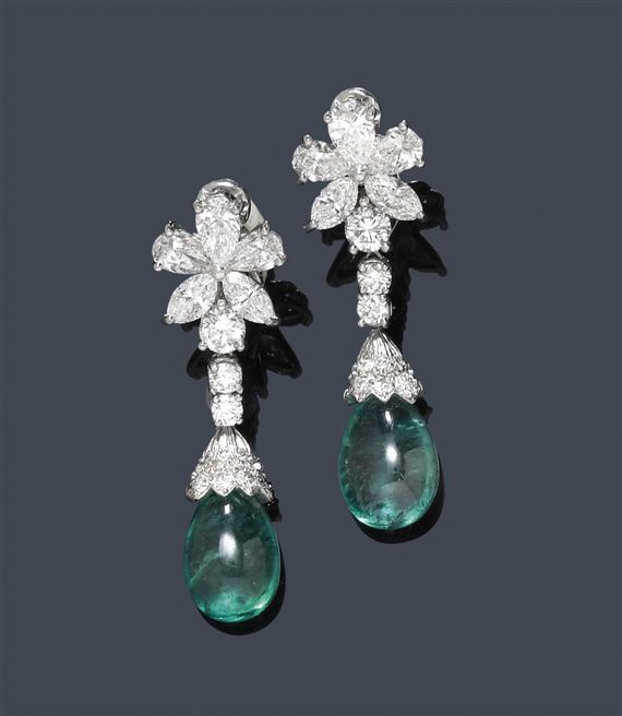 Appraisal: EMERALD AND DIAMOND EAR PENDANTS TIFFANY Platinum Elegant ear pendants