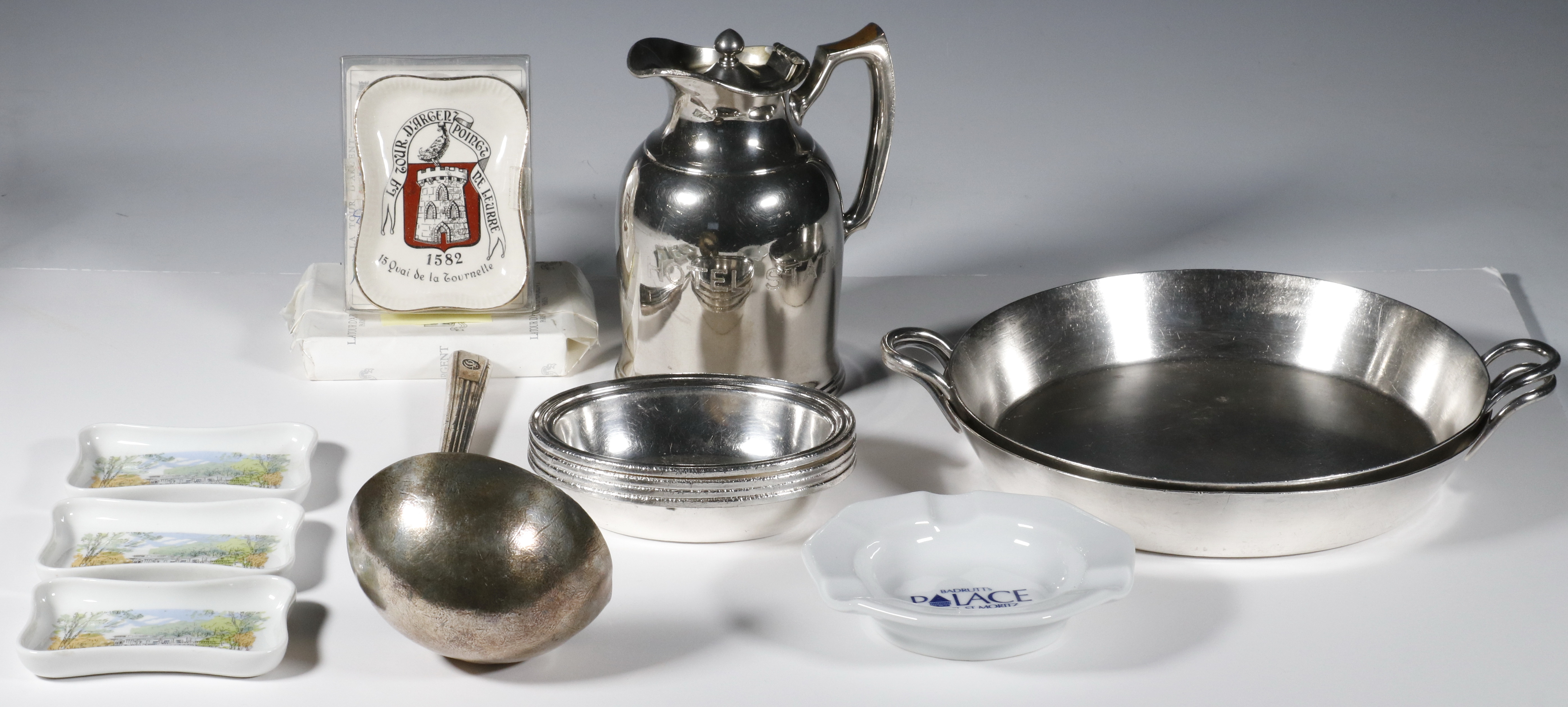 Appraisal: PCS HOTEL SOUVENIR SILVER-PLATE CHINA ITEMS Lot of Hotel or