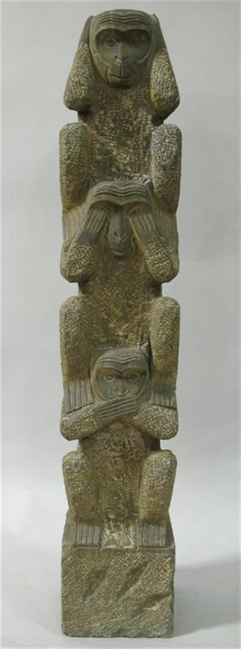 Appraisal: WHIMSICAL STONE MONKEY SCULPTURE Carved as the group of three