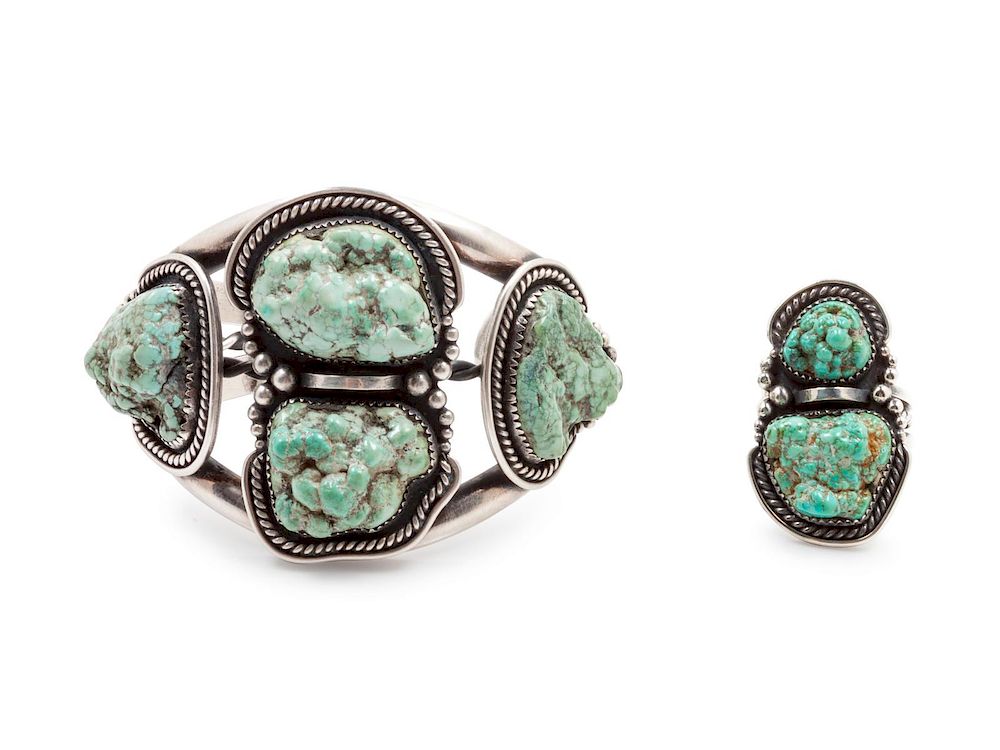 Appraisal: Seafoam Turquoise Nugget Cuff and Ring bracelet length x opening