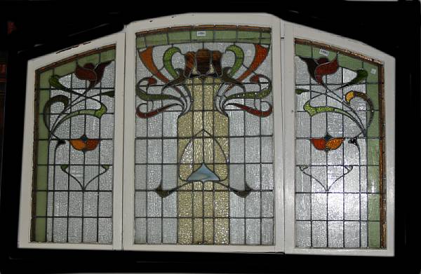 Appraisal: An Art Nouveau leaded glass three panel arched window early