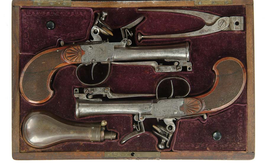 Appraisal: CASED PAIR OF BELGIAN SNAP BAYONET FLINTLOCK PISTOLS NSN -