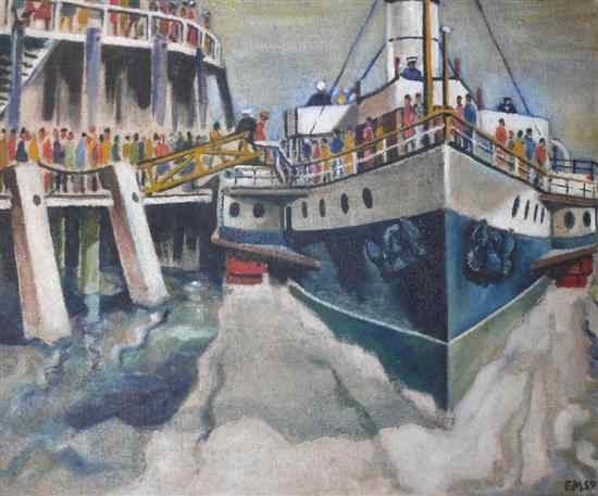 Appraisal: E Merrony oil on canvas Paddle steamer with passengers embarking