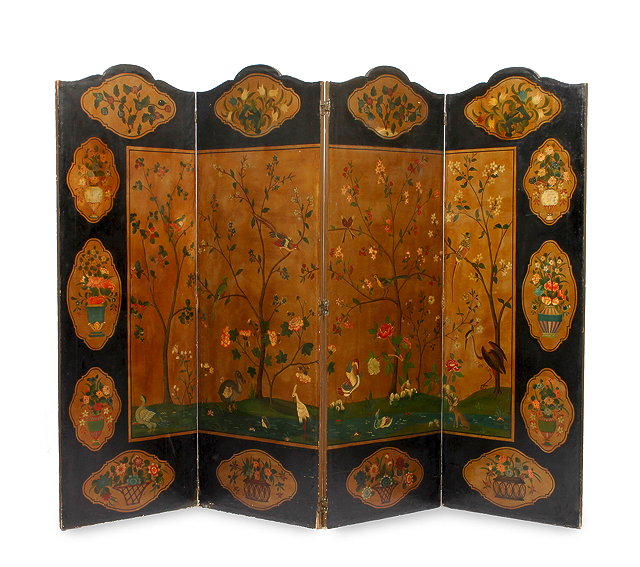 Appraisal: AN OLD PAINTED CANVAS FOUR FOLD SCREEN centrally decorated with