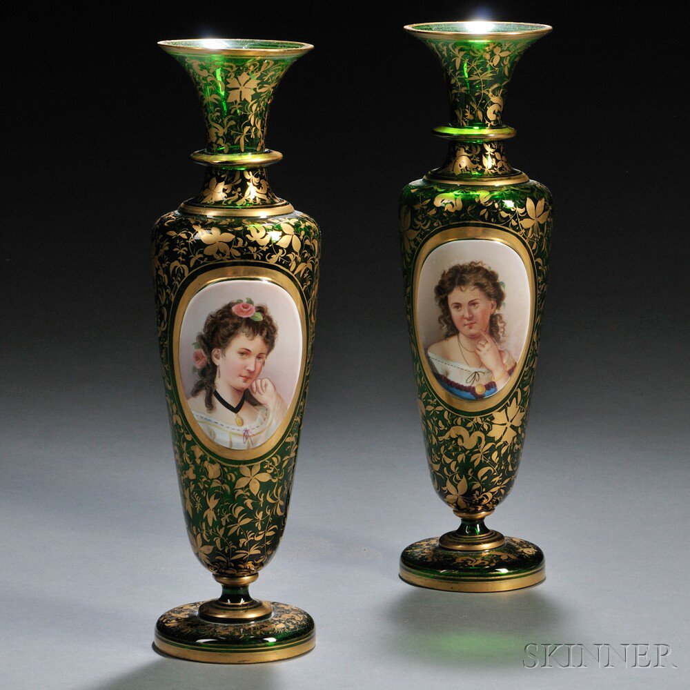 Appraisal: Pair of Bohemian Glass Portrait Vases th century green ground