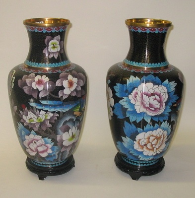 Appraisal: PAIR OF CHINESE CLOISONNE VASES hand enameled floral and bird