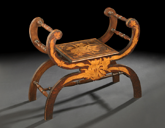 Appraisal: Art Nouveau Fruitwood and Pokerwork Stool first quarter th century