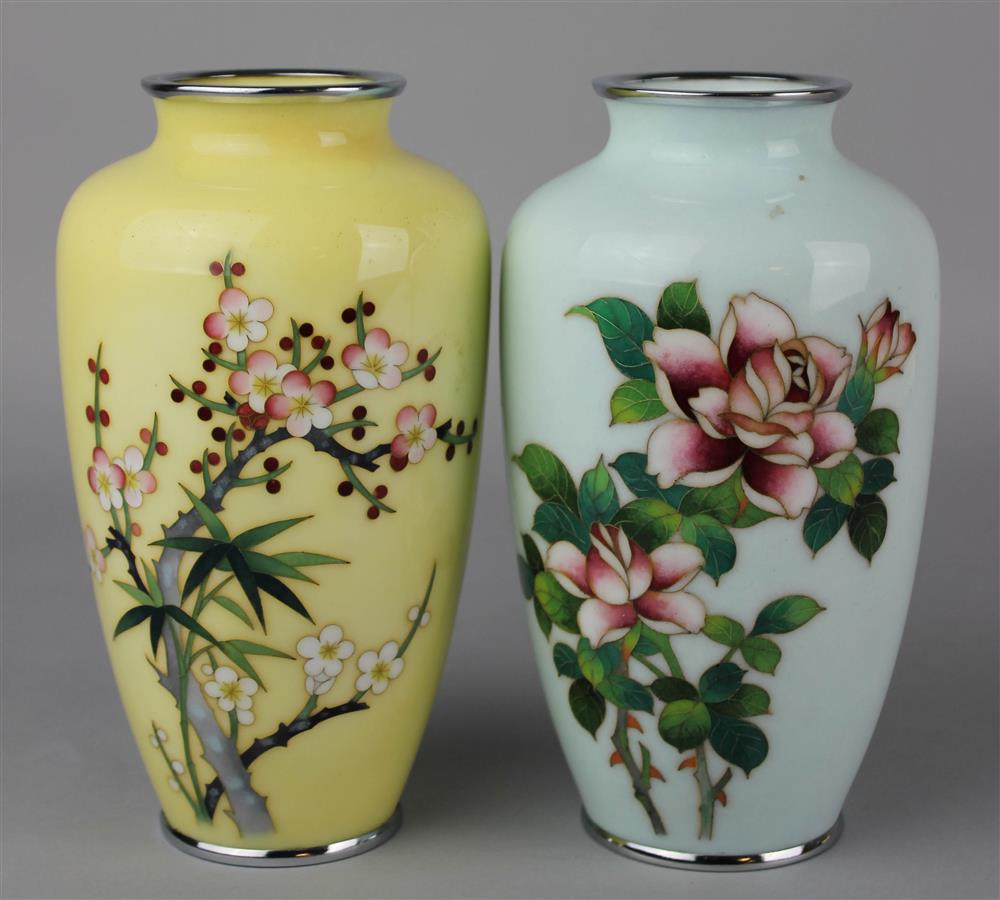 Appraisal: TWO JAPANESE CLOISONNE ENAMEL VASES one decorated with plum blossom