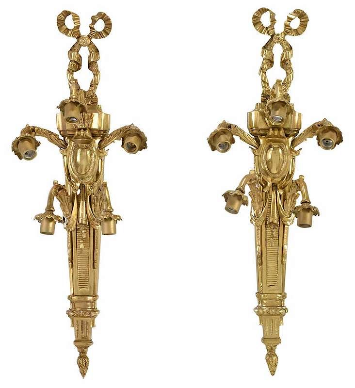 Appraisal: Large Louis XVI Style Bronze Sconces Continental th century gilt