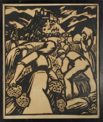 Appraisal: Reapers' a Linocut print probably English framed indistinct signature image