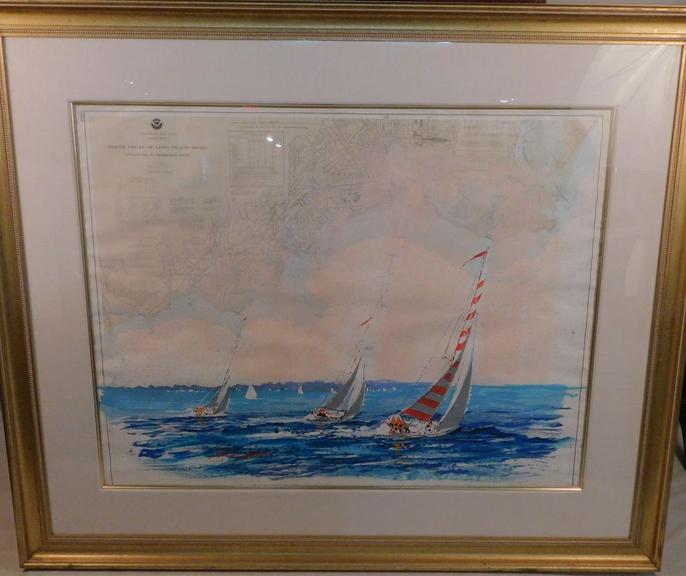 Appraisal: KERRY HALLAM PAINTED NAUTICAL CHART Large hand painted nautical chart