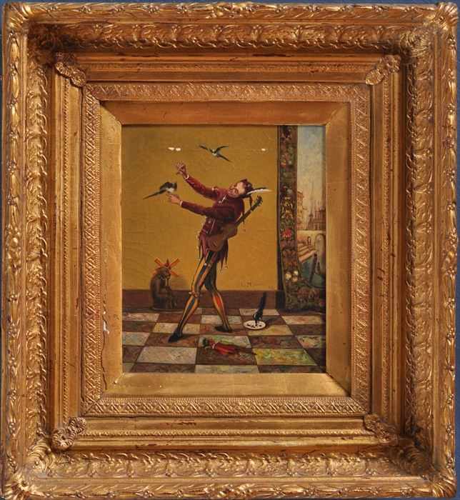 Appraisal: FRENCH SCHOOL JESTER FEEDING CHERRIES TO A BIRD Oil on