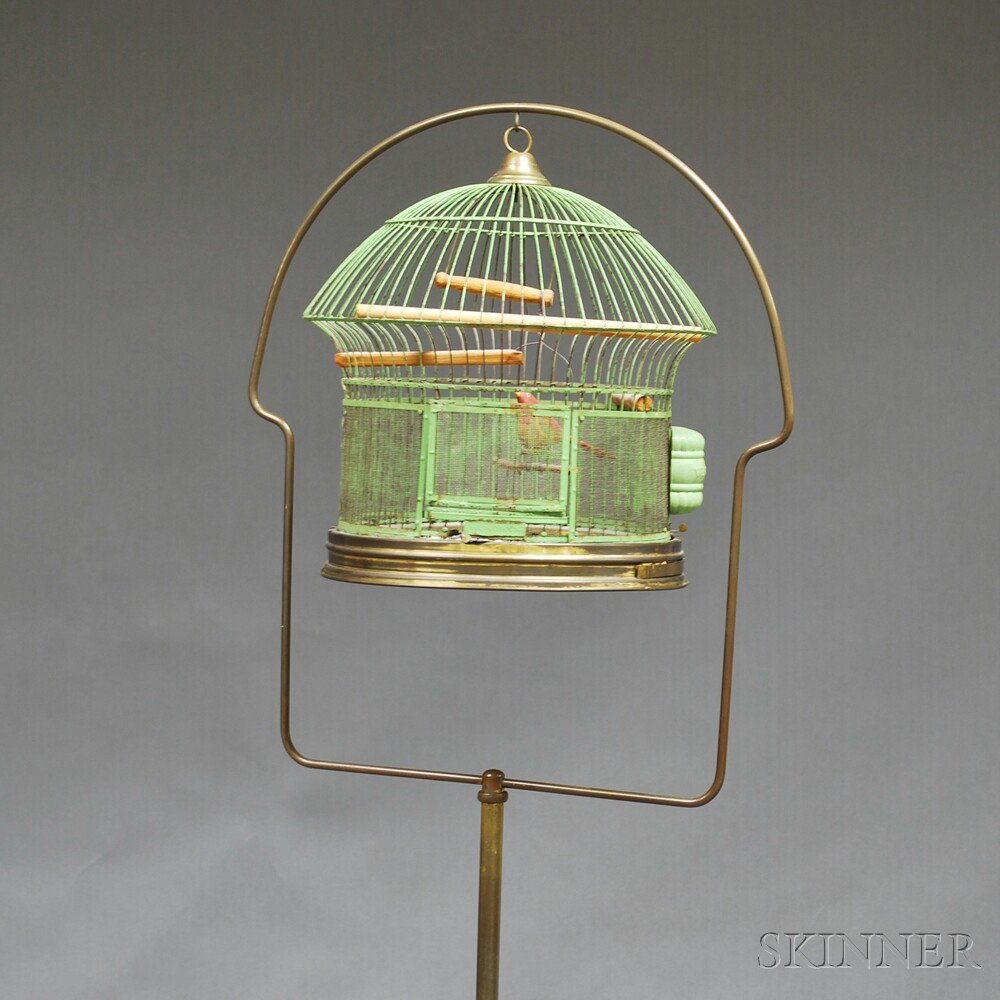 Appraisal: Herdryx Green-painted Birdcage on Stand ht in Estimate - The