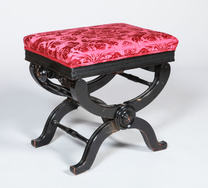 Appraisal: VICTORIAN EBONIZED STOOL Upholstered in red silk damask x x